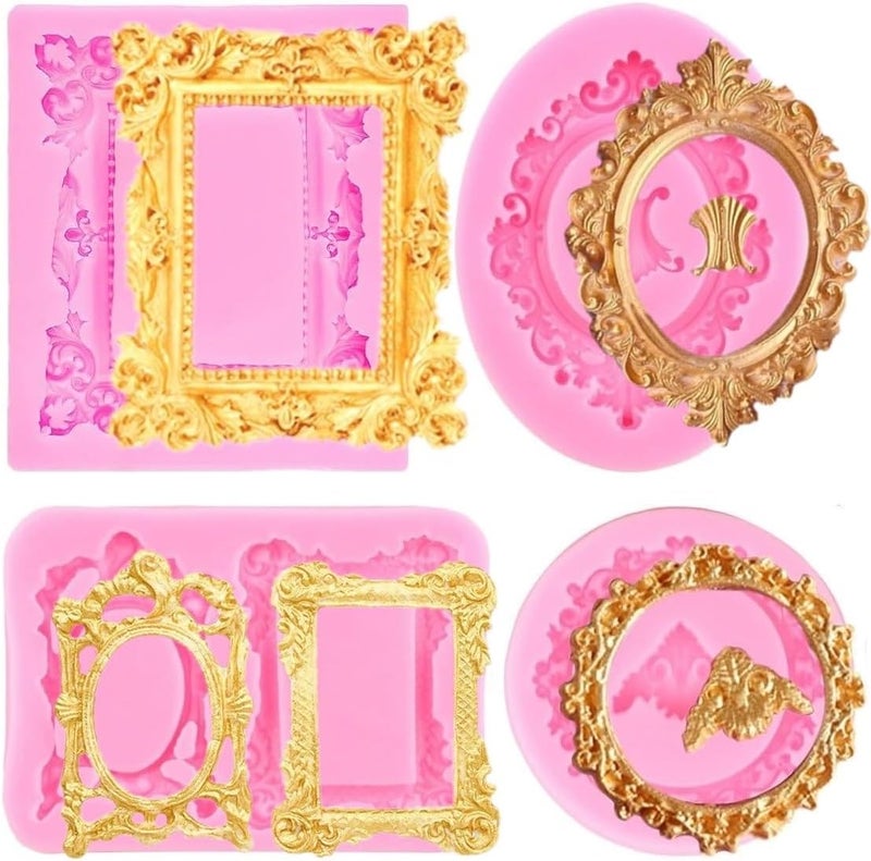 SUNKOOL 4 Pcs Photo Frame Silicone Molds, Baroque Style Air Dry Clay Molds, Mini Frame Molds Silicone for Cupcake Topper Cake Decoration Chocolate Candy Polymer Clay Gum - Image 1